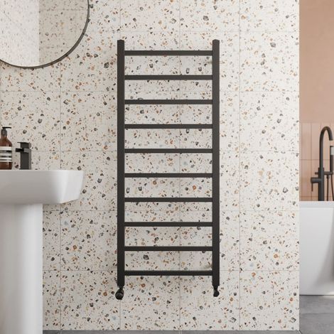 Solaro Designer Matt Black Heated Towel Rail Square Bar Bathroom Radiator Ladder Wall Mounted 1200 x 500mm (1/4)