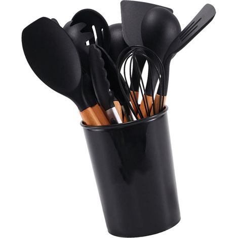 Ensemble de 11 ustensiles de cuisine en silicone résistant à la chaleur avec manches en bois et boîte de rangement, idéal pour le camping, noir (1/5)