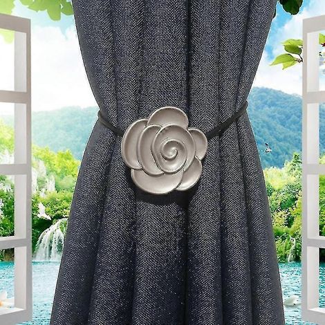Attaches magnétiques pour rideaux, embrasses de rideaux vintage en résine à motif floral avec corde, style rétro argenté, lot de 2 (1/5)