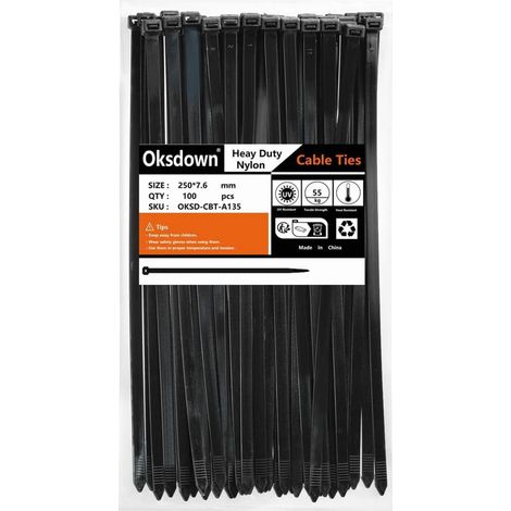 Kabelbinder 250mm Schwarz UV-beständig 55kg Zugfestigkeit 100 Stück Nylon Extra Stark (1/4)