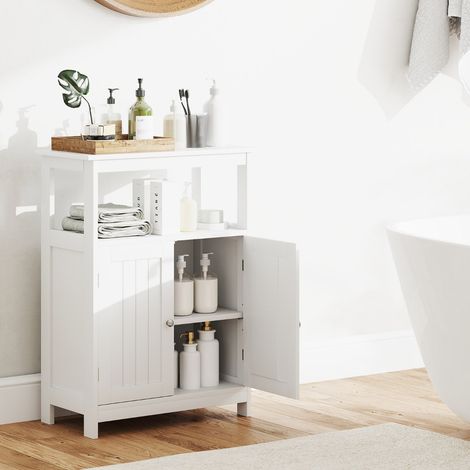 Armoire de Sol pour Salle de Bain Organisateur de Rangement Autonome avec 2 Portes Compartiment et Étagère Ajustable Blanc (1/3)