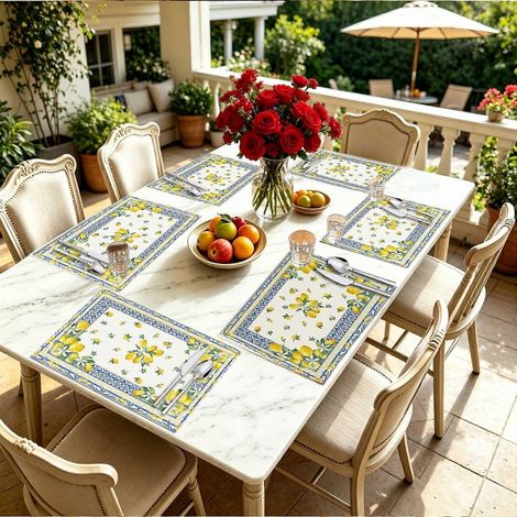 Lot de 1/4/6 sets de table en lin, bordure bleue côtière et citron, 31 à 45 cm, style frais, pour brunchs au jardin et réceptions en extérieur, cadeau idéal pour les fêtes ou une pendaison de crémaill (1/4)
