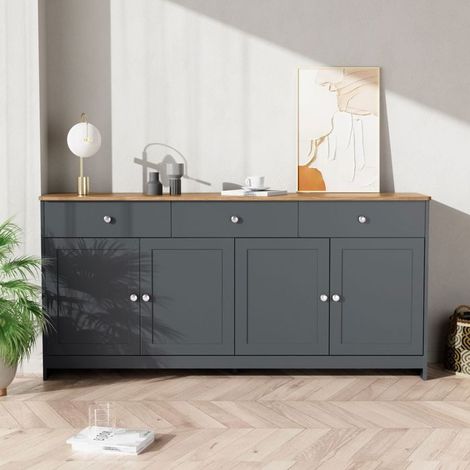 Buffet gris et noir veinage bois, quatre portes trois tiroirs design contemporain Buffet salon (1/5)
