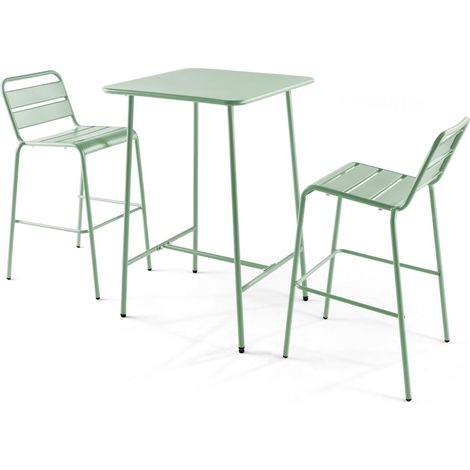 Ensemble table de bar et 2 chaises hautes en métal vert sauge - Palavas