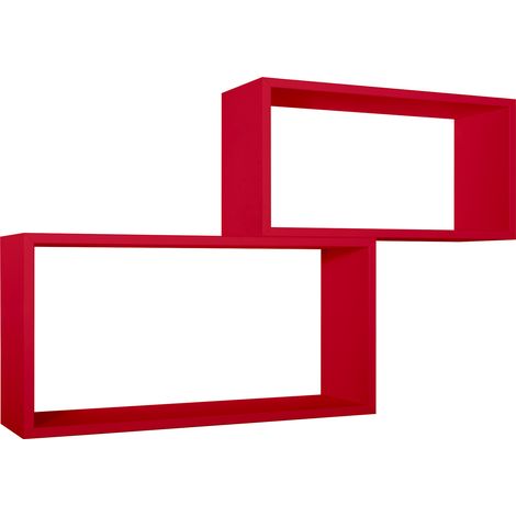 Set 2 Mensole Cubo da Parete Rettangolare in Fibra di Legno Bislungo Rosso (1/5)