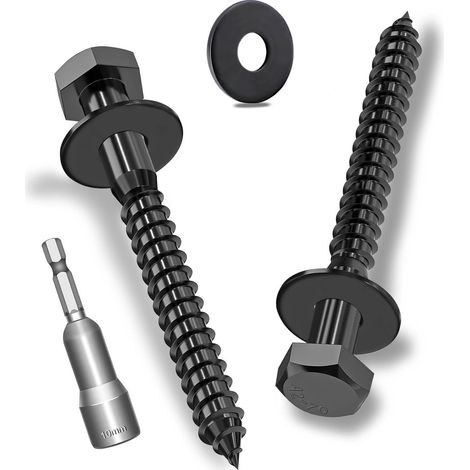 Lot de 15 vis à bois hexagonales M6 x 75 mm avec rondelles, vis hexagonales noires en acier inoxydable A2V2-DIN571, vis à clé avec rondelles et clé à douille (1/5)