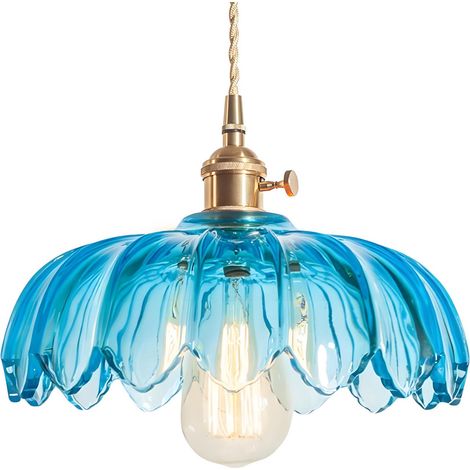 25 cm industriel Vintage pendentif éclairage verre Lotus lampe suspension lustre E27 laiton finition plafond suspension lampe (Bleu) (1/5)