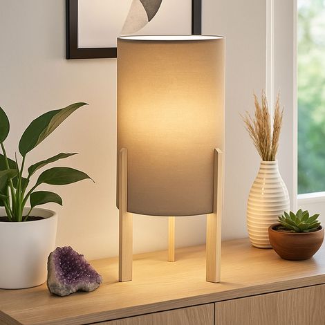 Lampada da comodino Lampada da tavolo in legno Lampada da soggiorno Lampada da tavolo in tessuto grigio, 1x attacco E27, DxH 16 x 40 cm