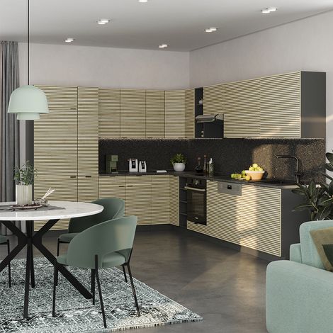 Cuisine en angle Fame-Line, Chêne lambris/anthracite, 347x257cm , PT Marbre, Vicco