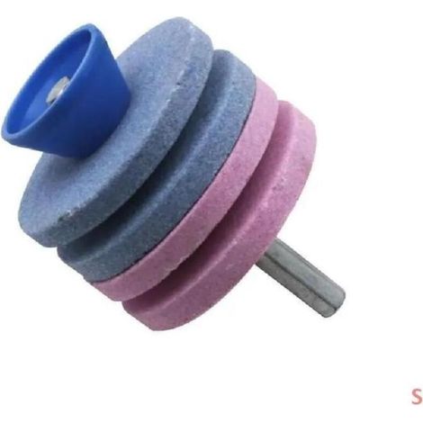 Affûteuse électrique double plateau pour tondeuse à gazon, type perceuse, pour le meulage, l'affûtage et le polissage des métaux. Quatre plateaux d'affûtage, 2 poudres, 2 bleues. (1/5)