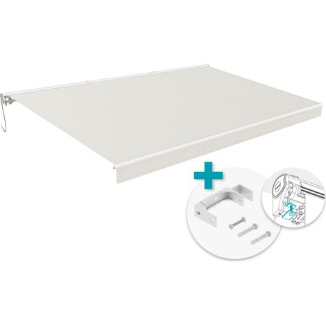 Toldo motorizado FAZZIO 5m x 3m blanco con tejido beige y fijación al techo (1/4)