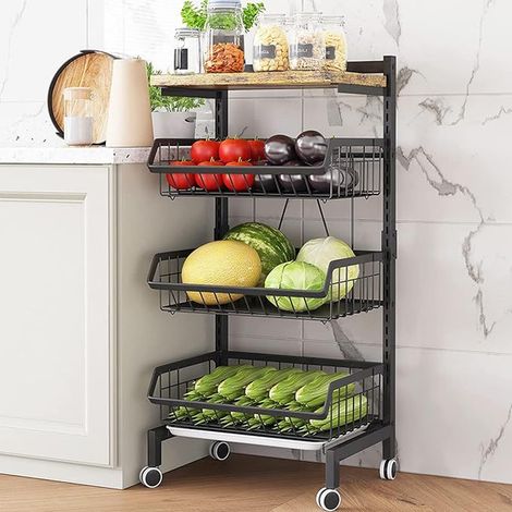 Vegetable Rack Kitchen Fruit Basket Stackable Storage Cart with Lockable Wheels and Wooden Tray for Bathroom Kitchen Office Board (1/5)