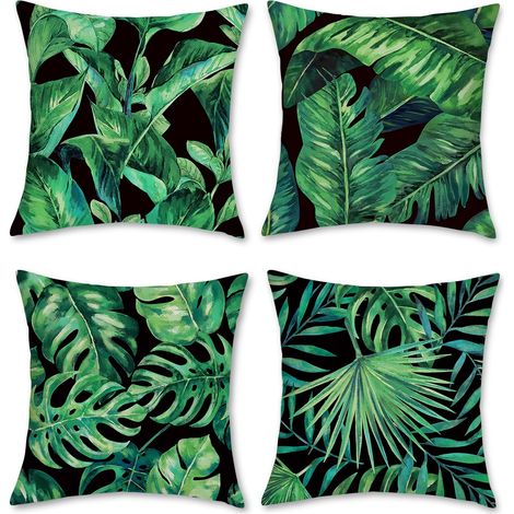 Feuilles tropicales housses coussin 45x45 cm lot de 4 polyester lin, canapé lit chaise voiture décoration salon maison verte (1/4)