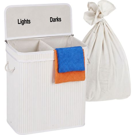 Relaxdays laundry basket with lid, 2 compartments, bamboo, 100 l, foldable, 60 x 52 x 32 cm, laundry sorter, white (1/5)