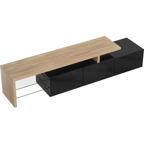 Mueble TV moderno de 197,5 cm en negro brillo y madera con baldas de cristal y LED (1/5)