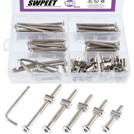 100Pcs Vis pour lit d'enfant, M6 x35/45/55/65/75mm plaqué nickel Boulons et écrous à tête hexagonale pour lit d'enfant avec 1 x clé Allen Parfait pour meubles, lits d'enfant, vis pour lit (1/5)