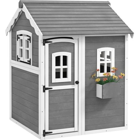 Maison de jeu pour enfants en bois de sapin gris, pour intérieur et extérieur, équipée de porte, fenêtres et bac de plantation