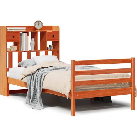 Lit simple  Lit adulte  Lit bibliothèque sans matelas cire marron 75x190 cm pin massif