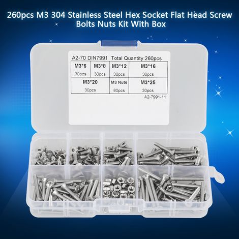 260-teiliges Set mit M3 304 Edelstahl-Innensechskantschrauben und -muttern inklusive Box (1/5)