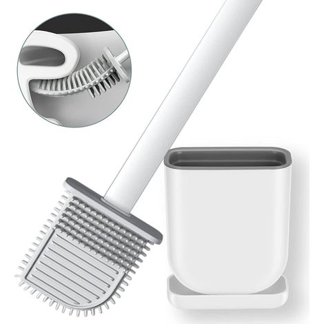 (Weiß) Flache Silikon-Toilettenbürste mit Halter-Set für die Toilettenschüssel