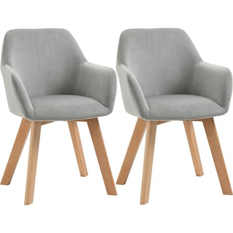 Fauteuils de salle à manger ensemble de 2 avec accoudoirs, dossier rembourré aspect velours et pieds en bois, couleur grise, design élégant. (1/5)