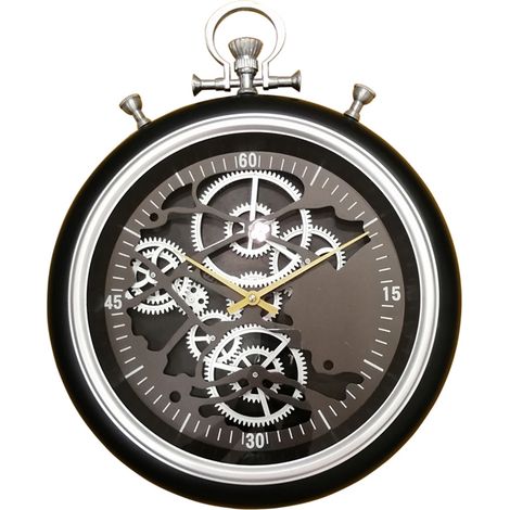 Horloge chronomètre ronde 50 cm en métal noir et argenté