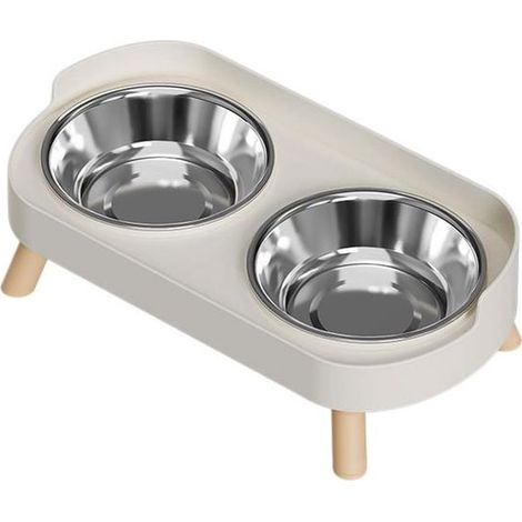 Gamelle surélevée pour chien et chat avec double bol en acier inoxydable, support anti-éclaboussures, blanche (1/2)