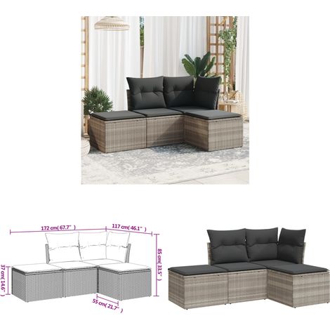 Salon de jardin 4 pcs avec coussins gris clair résine tressée - Salon De Jardin - Mobilier De Jardin - Salon Extérieur - Ensemble De Canapés - Canapé D'angle - Home & Living