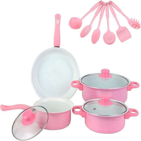 Non Stick Cast Iron Cookware Set 13 Piece – Pink Cute Fun Design – Includes Lids Ergonomic Handle Compatible All Stovetops (1/5)