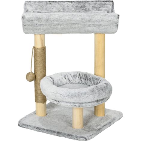 Arbre à chat avec poignée, 1 niche supérieure coussin lavable, 1 niche ronde peluche, gris, hauteur 60 cm
