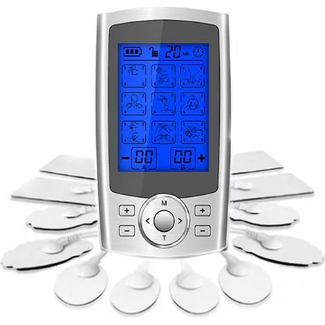 Masajeador de electroestimulación, pantalla, 12 electrodos, 24 modos de masaje, 20 niveles de intensidad, portátil, plata/gris (1/5)