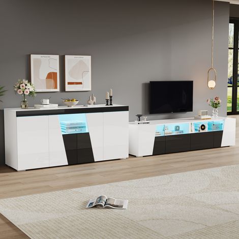Mueble TV 180 x 38,5 x 45 cm con LED, blanco y negro DESVIAE (1/5)