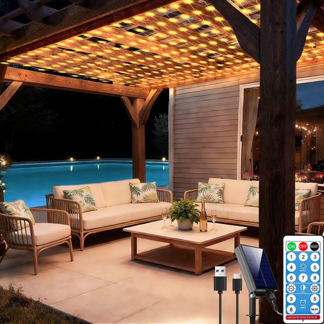 Guirlande lumineuse solaire de 3 m x 3 m avec 280 LED, alimentation USB, 8 modes d'éclairage sur fil transparent, idéale pour arbustes, terrasse, tonnelle, Noël, fêtes, soirées, blanc chaud (1/5)