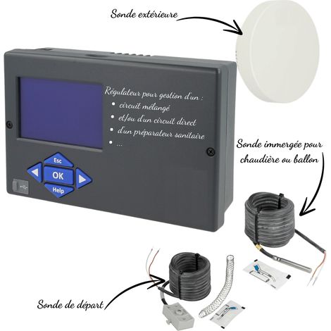 Kit régulation électronique avec sonde extérieure et sonde de chauffage – Régulateur avec écran LCD – Pour circuits directs et mélangés
