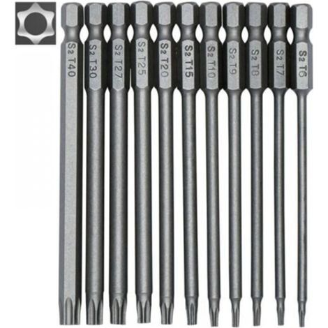 11-piece long screwdriver bit set - magnetic bits - 1/4" hexagonal shank - sizes T6 to T40 - 100 mm length (1/5)