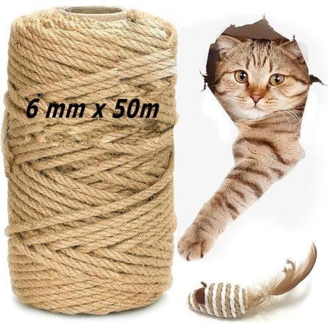 Corde en Sisal Naturelle 50M x 6MM, Corde Arbre à Chat pour Réparation et Remplacement de Chat Scratch Pilier, Arbres à Chat (1/4)
