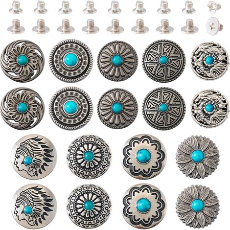 18 ensembles de rivets décoratifs turquoise en métal avec boucle à vis arrière ronde, boutons conchos fleur pour vêtements en cuir, sac à main, sac, chaussures, travaux manuels (1/5)