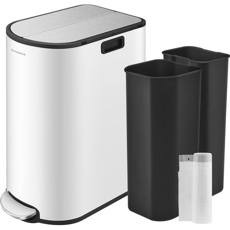 Poubelle de Cuisine Double, 30L et 20L, Poubelle Mince 2 Compartiments pour Tri et Recyclage des Déchets, avec Pédale et Couvercles Ailles, Blanc Nuage et Argent Métallique LTB570W02 (1/5)