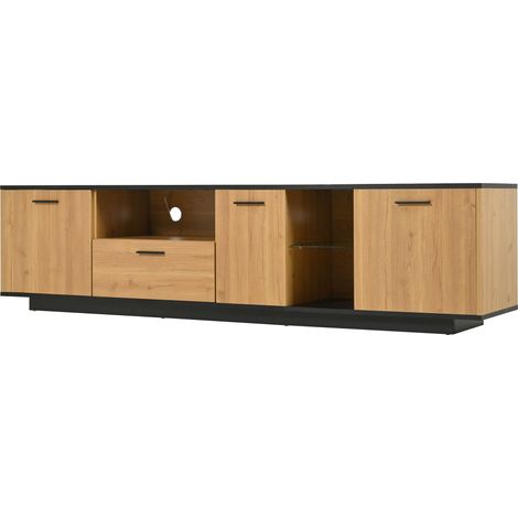 TV-Lowboard mit 3 Türen, 1 Schublade, 2 offene Fächer und 16-Farben-LED, MDF, Schwarz und Holzoptik, 180×37×45 cm (1/5)