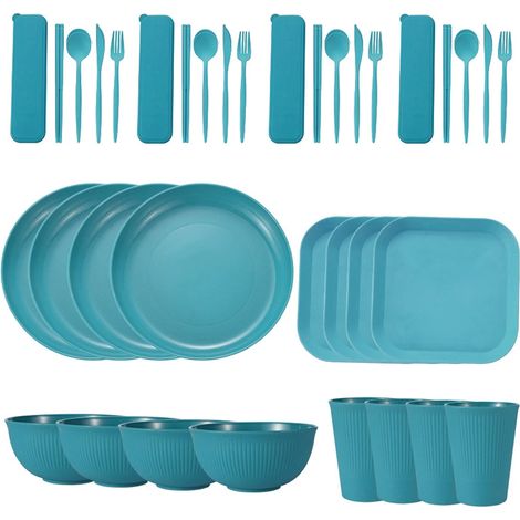 Service de table portable en paille de blé (bols, assiettes et tasses), couteau, fourchette, cuillère et baguettes portugaises. Ensemble de 36 pièces. (1/5)