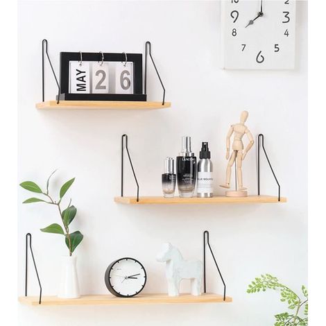 3PCS Etagère Murale En Bois Fer Rangement Décoration Salon 3 Tailles (1/4)