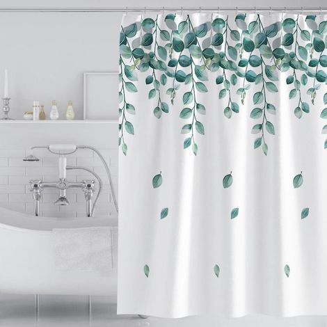 Rideau de Douche 180x180cm avec Crochets, Motif Feuilles Vertes et Blanches, Tissu Polyester Imperméable et Lavable, Anti-Moisissure pour Salle de Bains (1/5)