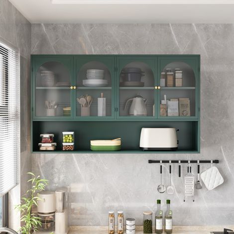 Meuble Haut Mural - 120x23x70 cm - 4 Portes Verre Trempé Gris Rangement Cuisine Salon Salle de Bain Métal Robuste - Vert Foncé (1/5)