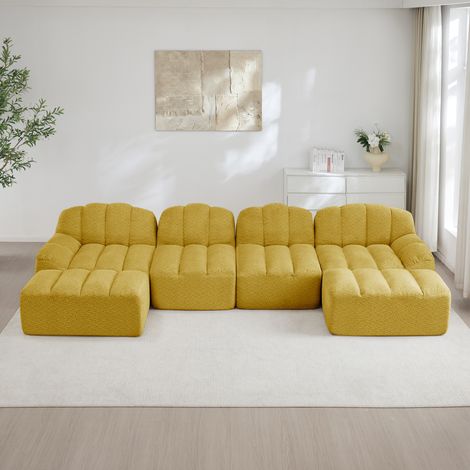 Divano modulare U a 4 posti con 2 ottomani, schiuma 32D, tessuto giallo, REDOM (1/5)