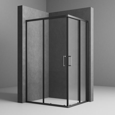 Schwarzer Duschkabine 100x100 cm Eckeinstieg Schiebetür Duschabtrennung mit Doppel Schiebetüren aus 6mm ESG Sicherheitsglas, Duschwand Höhe 185cm, LINKS & RECHTS MONTIERBAR