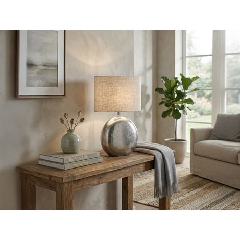 Tischleuchte CHAMBERY, Metallfuß Silber Antik, Leinenschirm Beige, Höhe 51cm