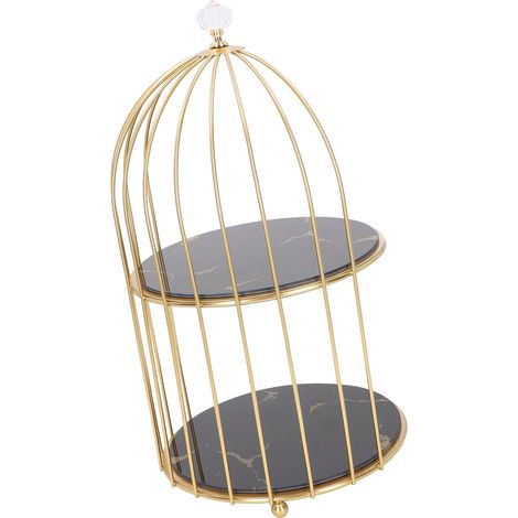 Mensola a due ripiani dorata per bagno, mobile lavabo e contenitore, supporto a forma di gabbia per uccelli, sfondo nero con motivi dorati