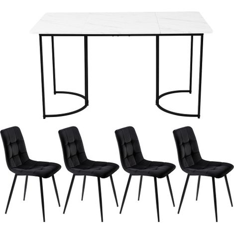 Ensemble table et chaises rectangulaires (4 chaises incluses) — Style moderne : assises en velours noir, pieds dorés.