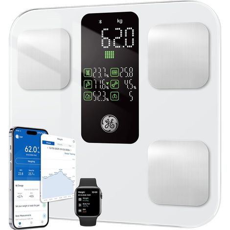 Pese Personne Masse Graisseuse et Muscle Grand écran 180kg White Balance Connectée 14 Données Corporelles IMC Bluetooth (1/5)