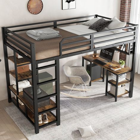 Letto a soppalco 120x200 cm nero e noce scuro in metallo e legno con scrivania e ripiano (1/5)